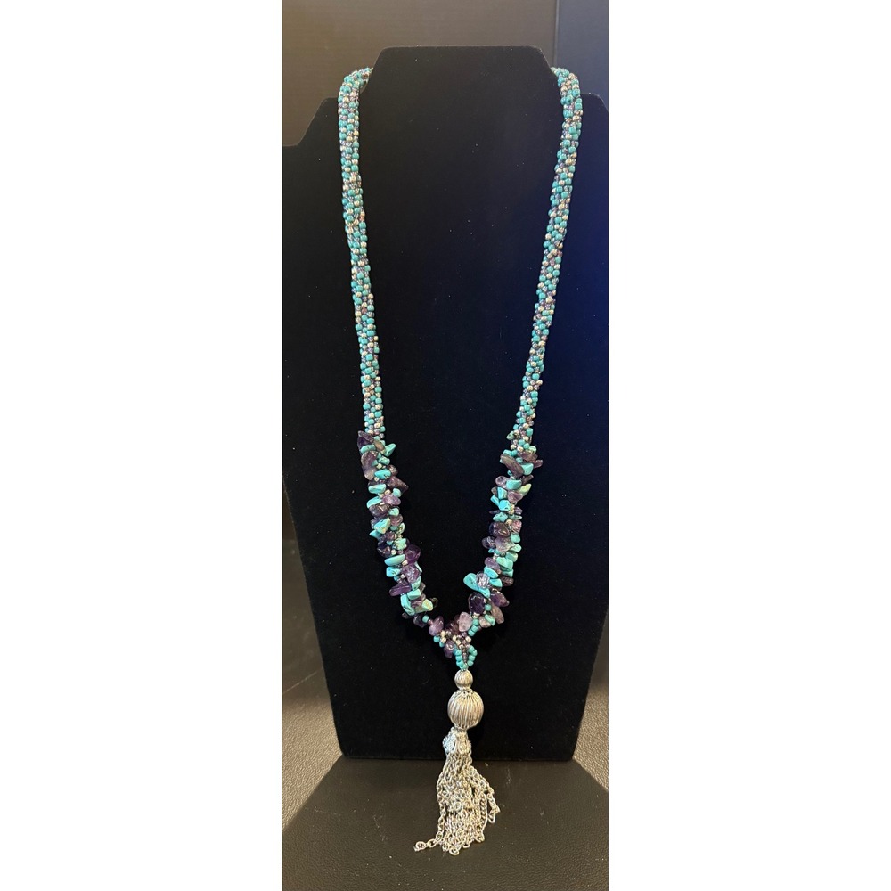 Handmade 16" Tassel Necklace Turquoise Amethyst Beaded Silver Tone Boho Western‎